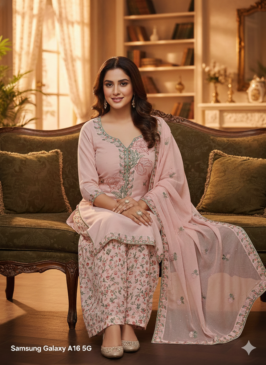Blush Pink Floral Embroidered 3 Piece Kurta Set with Palazzo Pants - Elegant Office & Party Wear | Comfortable Daily Wear Suit