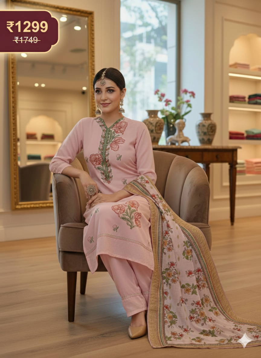 Blush Pink Floral Embroidered 3 Piece Kurta Set with Palazzo Pants - Elegant Office & Party Wear | Comfortable Daily Wear Suit