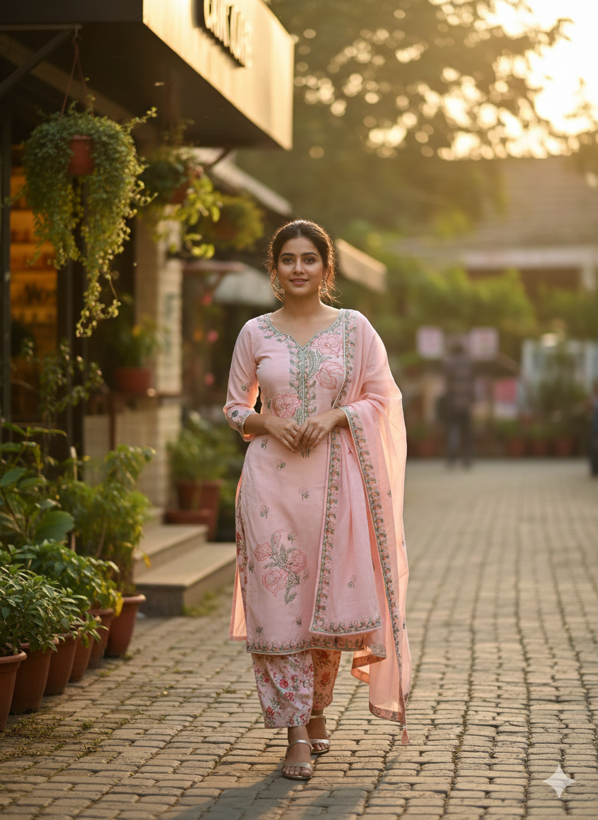 Blush Pink Floral Embroidered 3 Piece Kurta Set with Palazzo Pants - Elegant Office & Party Wear | Comfortable Daily Wear Suit
