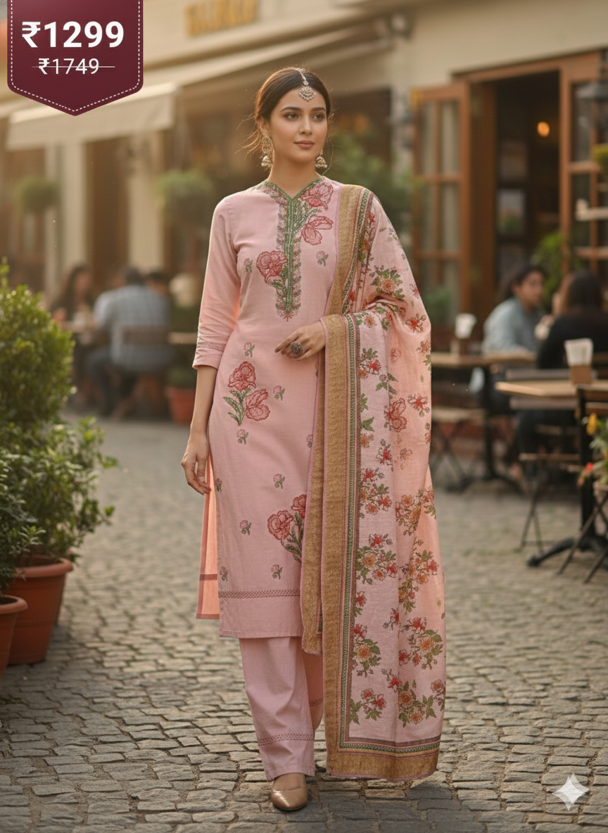 Blush Pink Floral Embroidered 3 Piece Kurta Set with Palazzo Pants - Elegant Office & Party Wear | Comfortable Daily Wear Suit