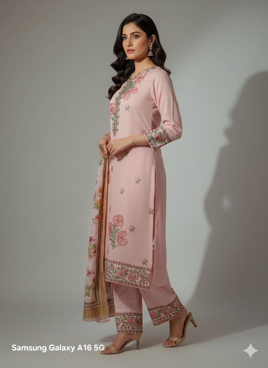 Blush Pink Floral Embroidered 3 Piece Kurta Set with Palazzo Pants - Elegant Office & Party Wear | Comfortable Daily Wear Suit
