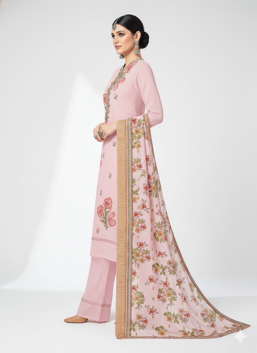 Blush Pink Floral Embroidered 3 Piece Kurta Set with Palazzo Pants - Elegant Office & Party Wear | Comfortable Daily Wear Suit
