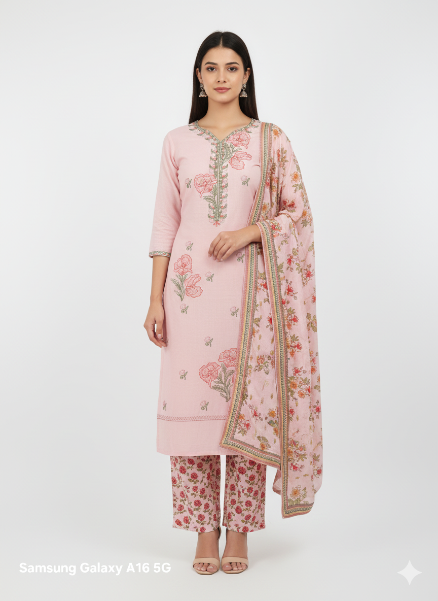 Blush Pink Floral Embroidered 3 Piece Kurta Set with Palazzo Pants - Elegant Office & Party Wear | Comfortable Daily Wear Suit
