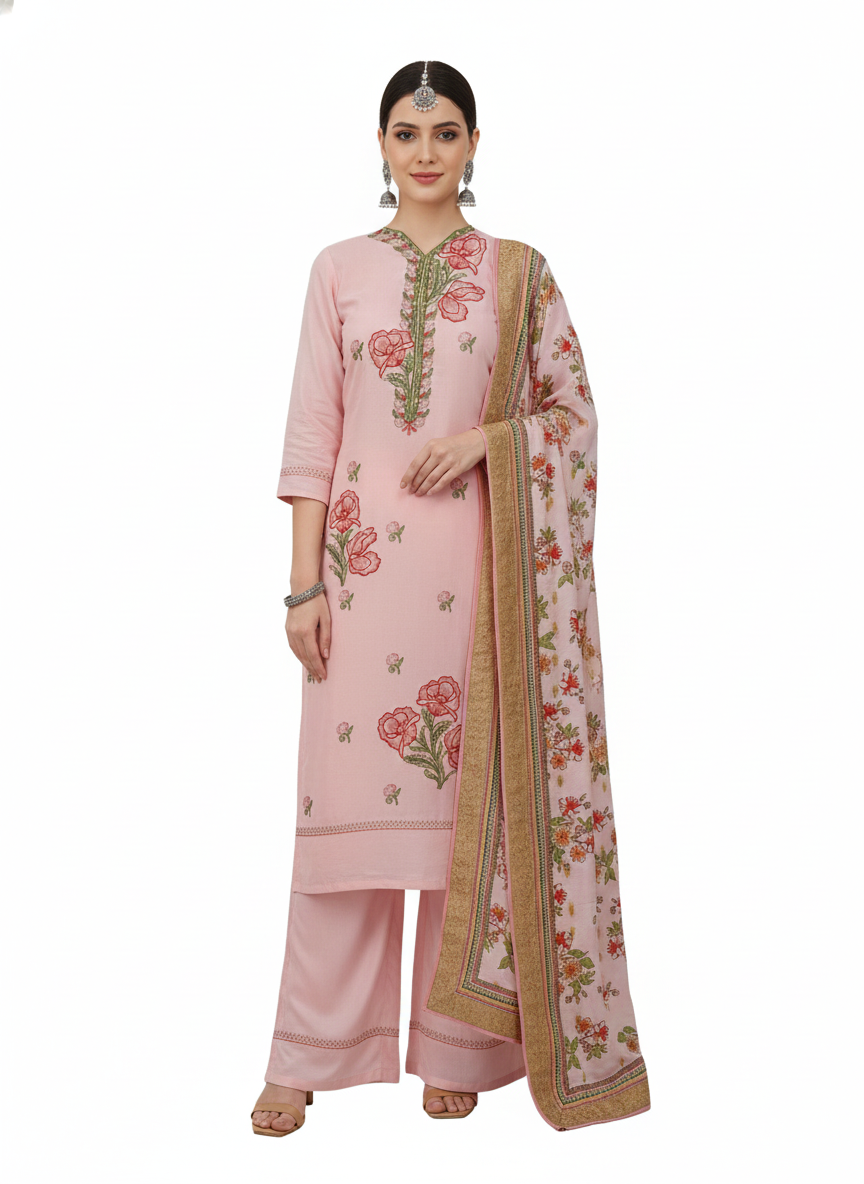 Blush Pink Floral Embroidered 3 Piece Kurta Set with Palazzo Pants - Elegant Office & Party Wear | Comfortable Daily Wear Suit