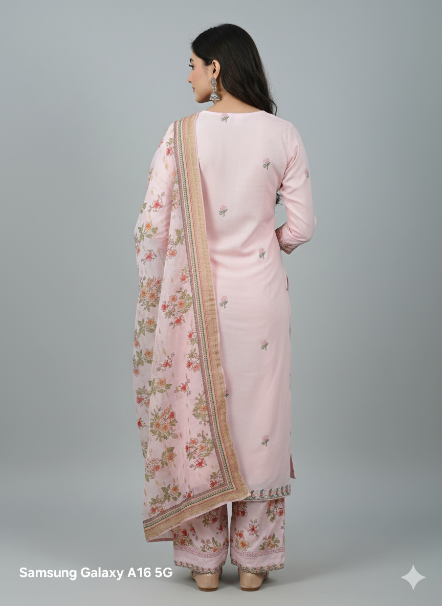 Blush Pink Floral Embroidered 3 Piece Kurta Set with Palazzo Pants - Elegant Office & Party Wear | Comfortable Daily Wear Suit