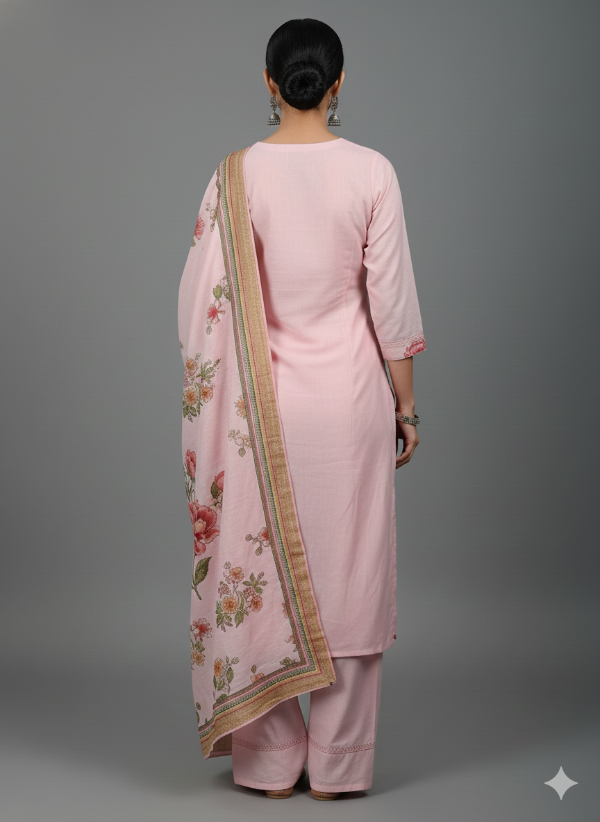 Blush Pink Floral Embroidered 3 Piece Kurta Set with Palazzo Pants - Elegant Office & Party Wear | Comfortable Daily Wear Suit