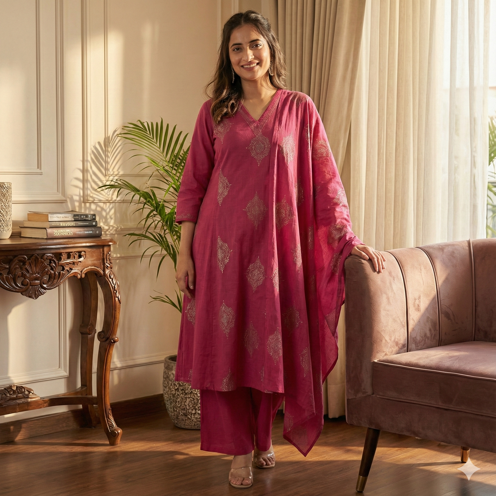 Bright Pink 3-Piece Kurta Set for Women – Embroidered Straight Kurti with Palazzo & Dupatta | Premium Festive & Occasion Wear