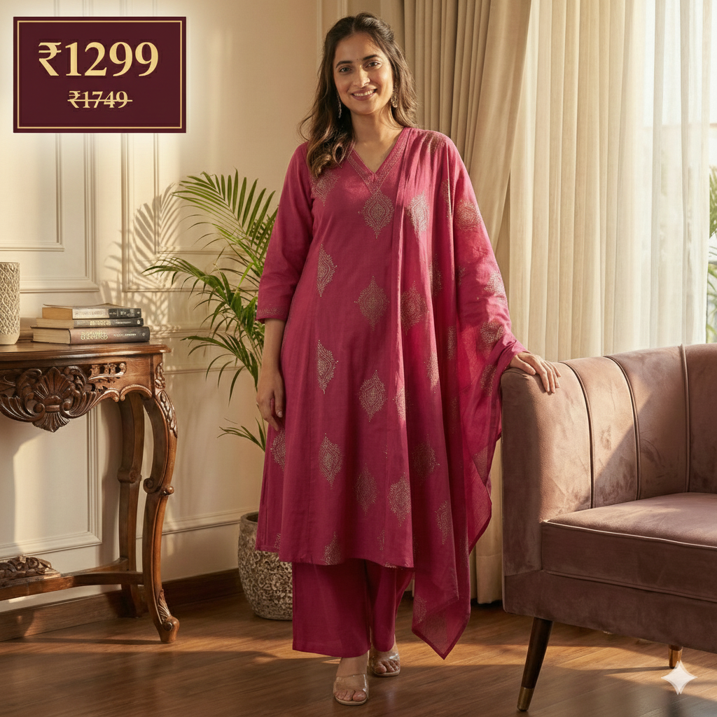 Bright Pink 3-Piece Kurta Set for Women – Embroidered Straight Kurti with Palazzo & Dupatta | Premium Festive & Occasion Wear