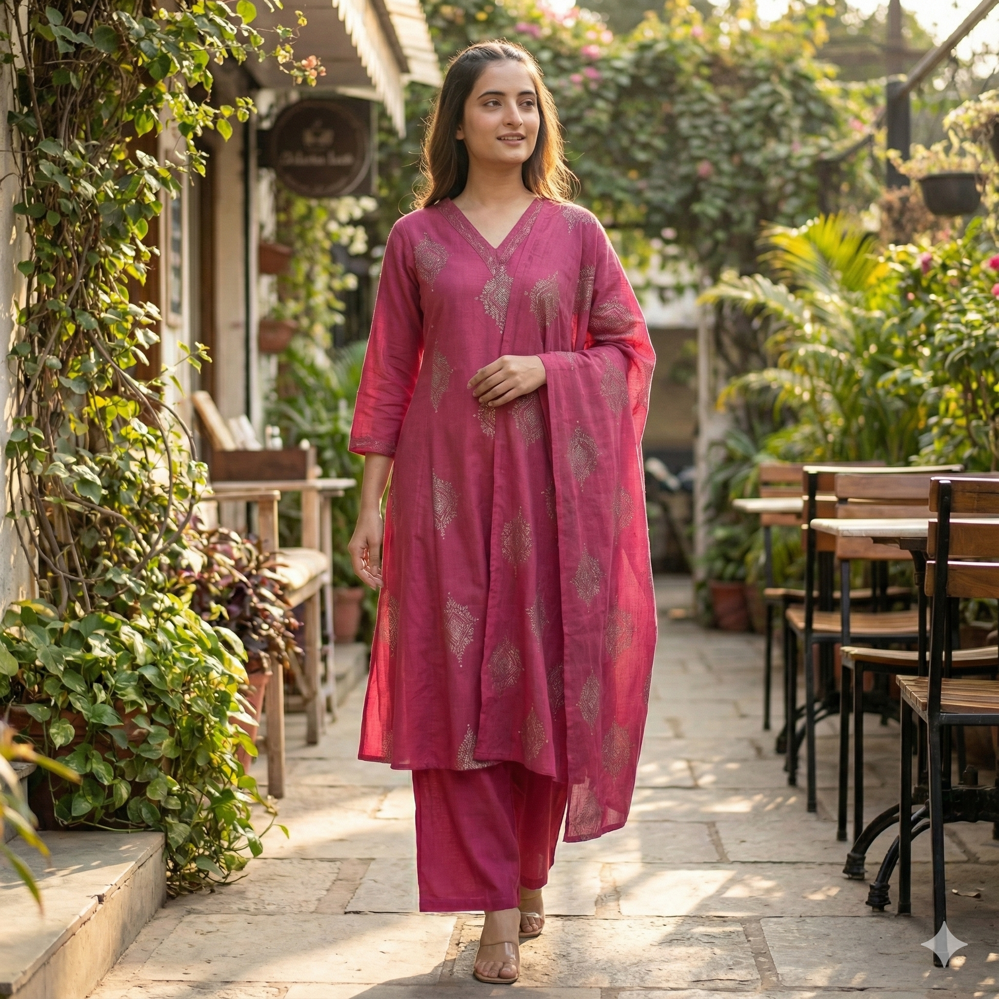 Bright Pink 3-Piece Kurta Set for Women – Embroidered Straight Kurti with Palazzo & Dupatta | Premium Festive & Occasion Wear