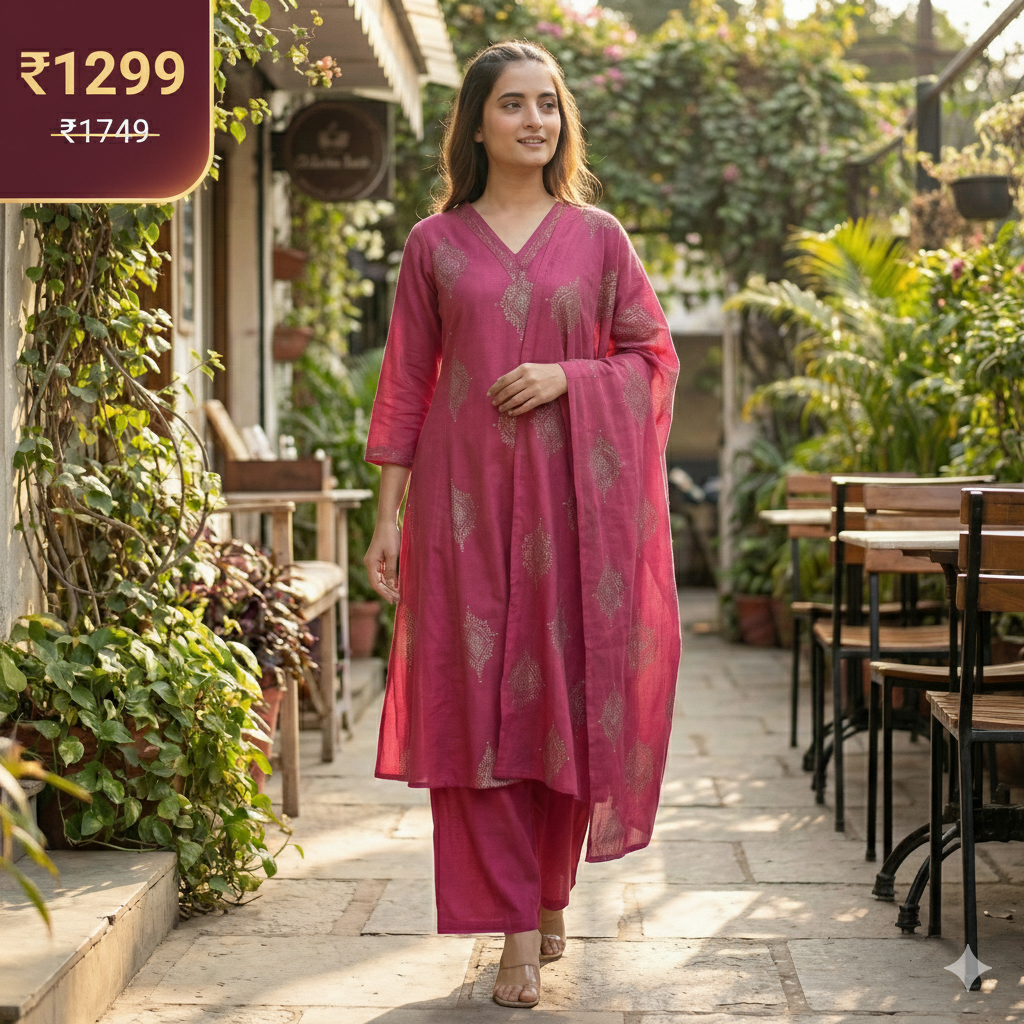 Bright Pink 3-Piece Kurta Set for Women – Embroidered Straight Kurti with Palazzo & Dupatta | Premium Festive & Occasion Wear