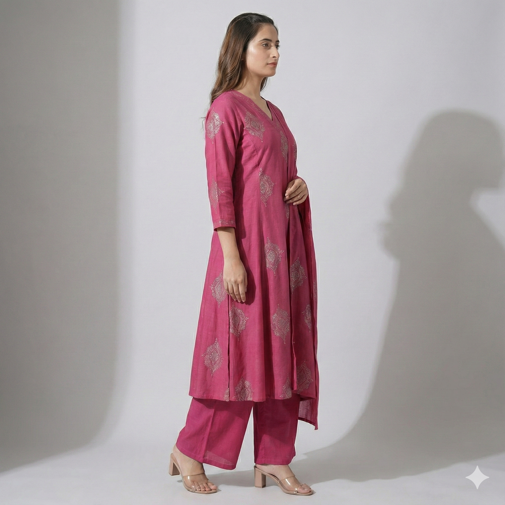 Bright Pink 3-Piece Kurta Set for Women – Embroidered Straight Kurti with Palazzo & Dupatta | Premium Festive & Occasion Wear