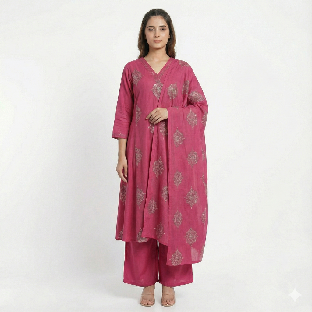 Bright Pink 3-Piece Kurta Set for Women – Embroidered Straight Kurti with Palazzo & Dupatta | Premium Festive & Occasion Wear
