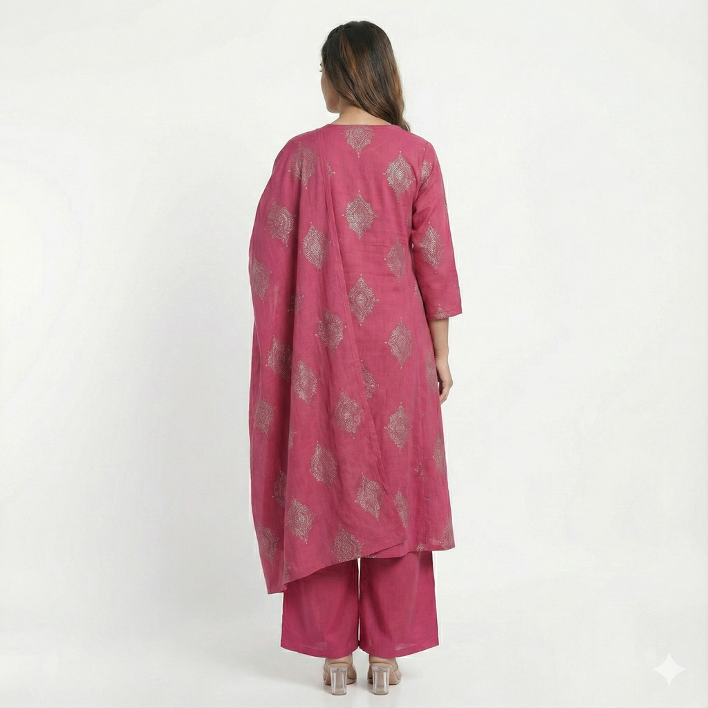 Bright Pink 3-Piece Kurta Set for Women – Embroidered Straight Kurti with Palazzo & Dupatta | Premium Festive & Occasion Wear
