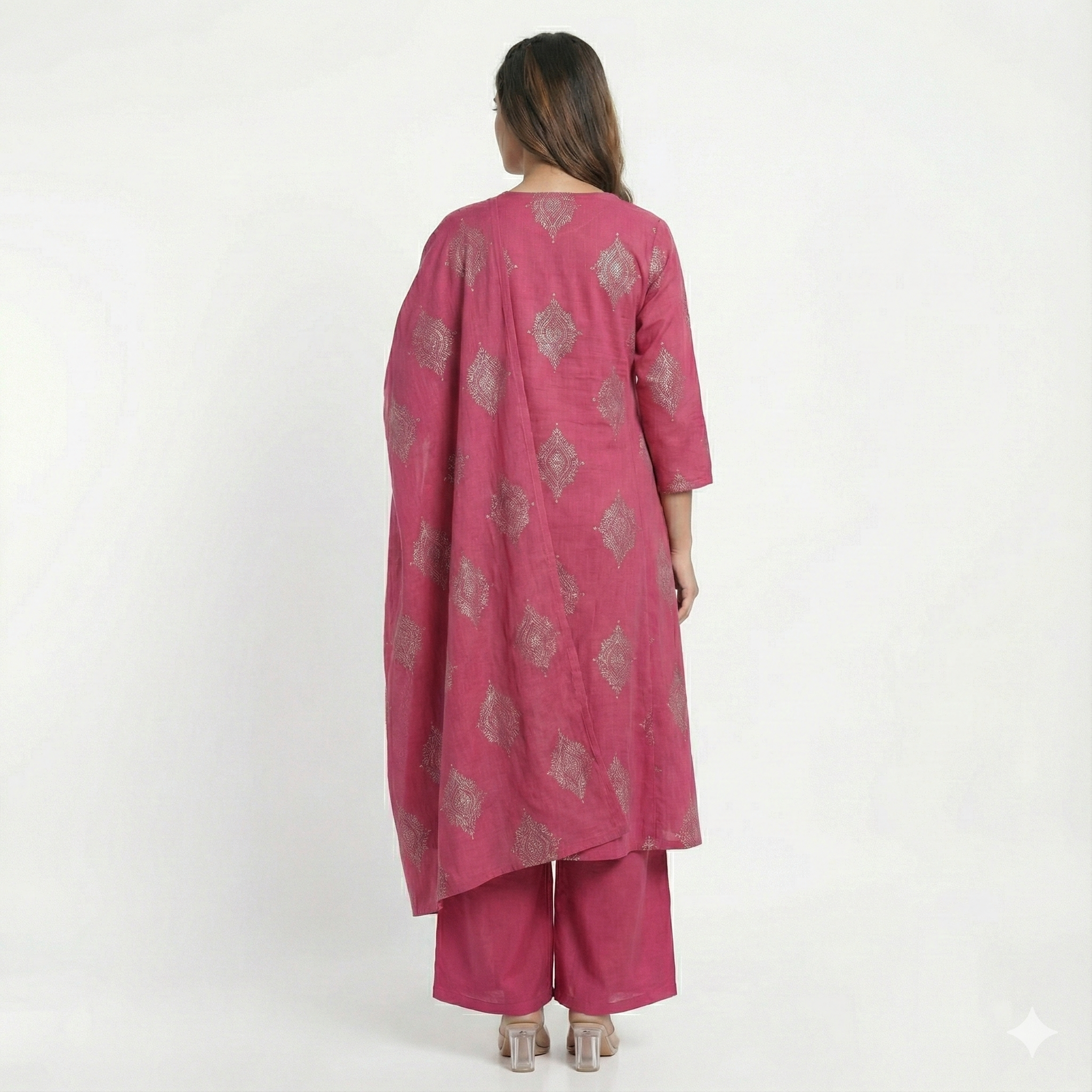 Bright Pink 3-Piece Kurta Set for Women – Embroidered Straight Kurti with Palazzo & Dupatta | Premium Festive & Occasion Wear