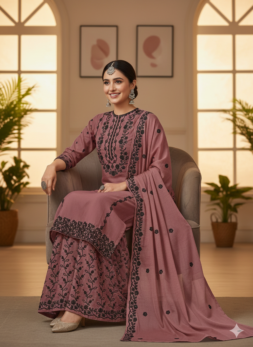 Dusty Pink Embroidered Palazzo Suit Set | 3 Piece Salwar Kameez | Office to Party Wear | Wedding Festive Dress