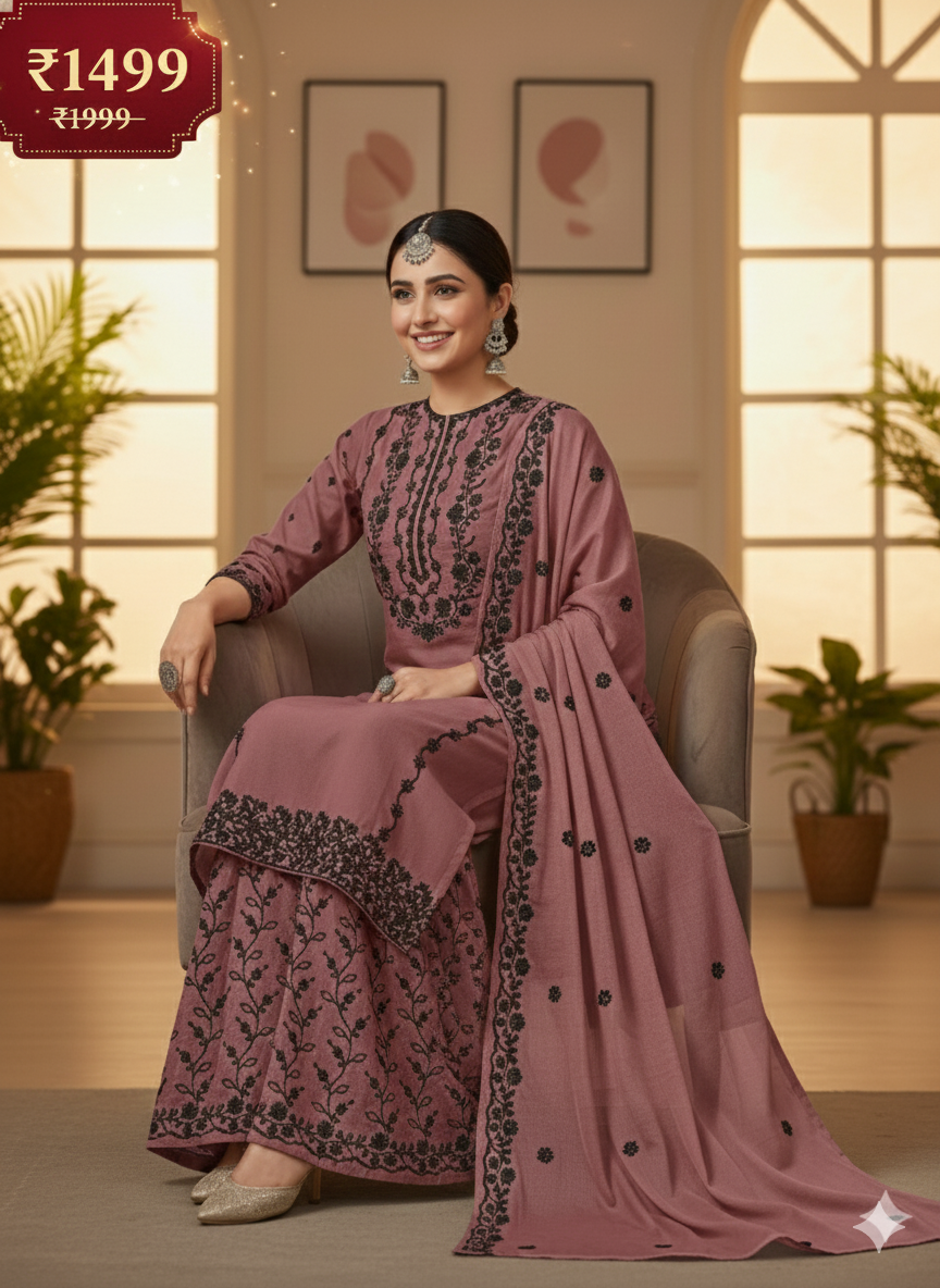 Dusty Pink Embroidered Palazzo Suit Set | 3 Piece Salwar Kameez | Office to Party Wear | Wedding Festive Dress