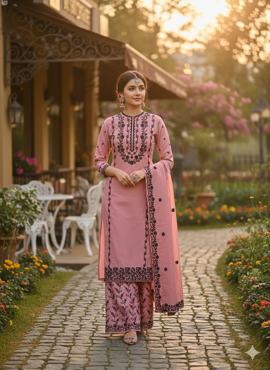 Dusty Pink Embroidered Palazzo Suit Set | 3 Piece Salwar Kameez | Office to Party Wear | Wedding Festive Dress