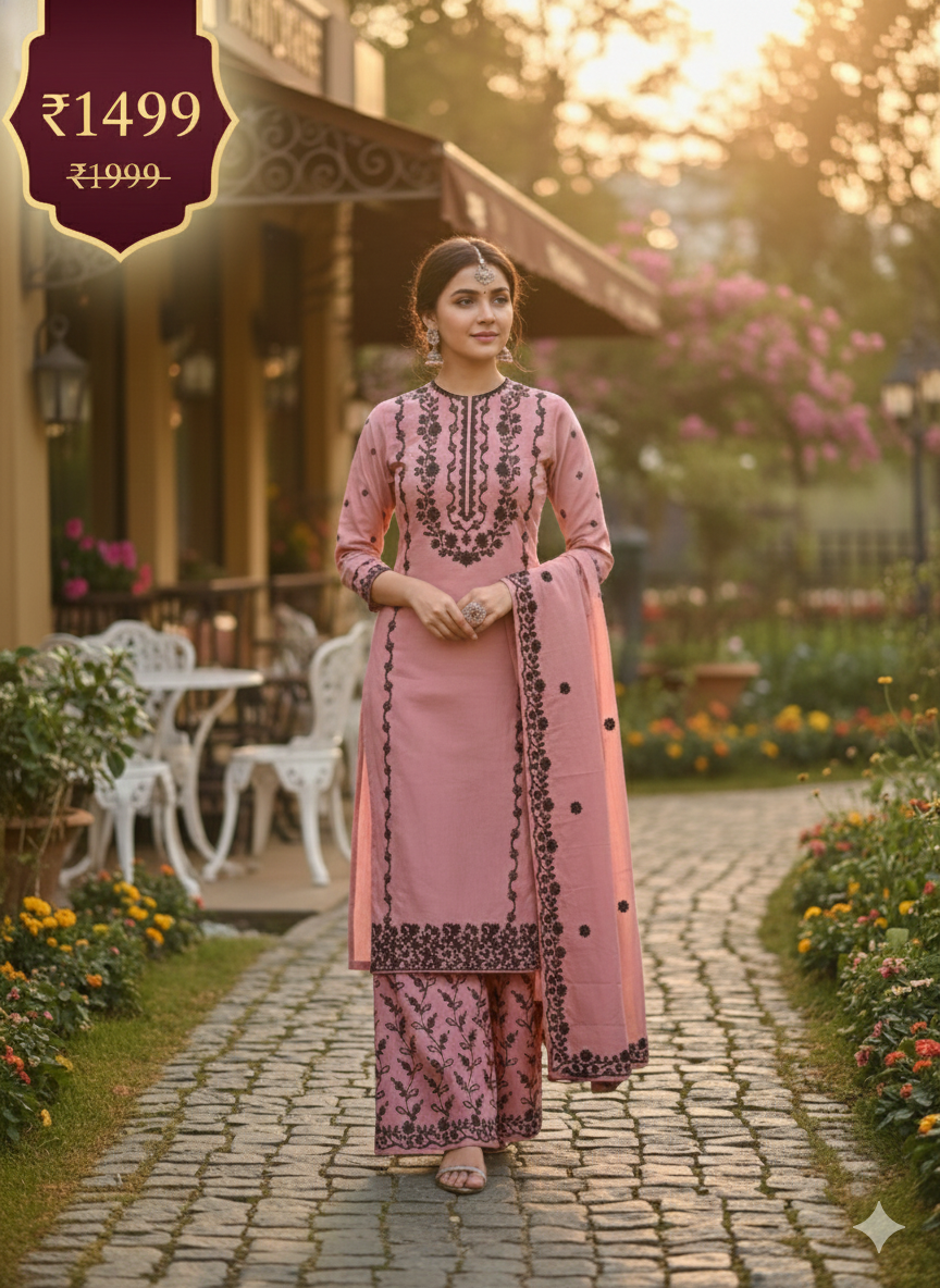 Dusty Pink Embroidered Palazzo Suit Set | 3 Piece Salwar Kameez | Office to Party Wear | Wedding Festive Dress