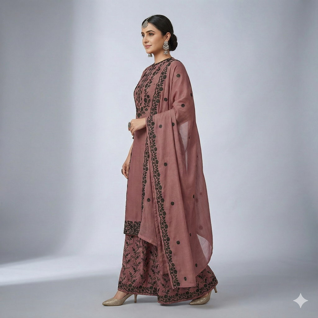 Dusty Pink Embroidered Palazzo Suit Set | 3 Piece Salwar Kameez | Office to Party Wear | Wedding Festive Dress