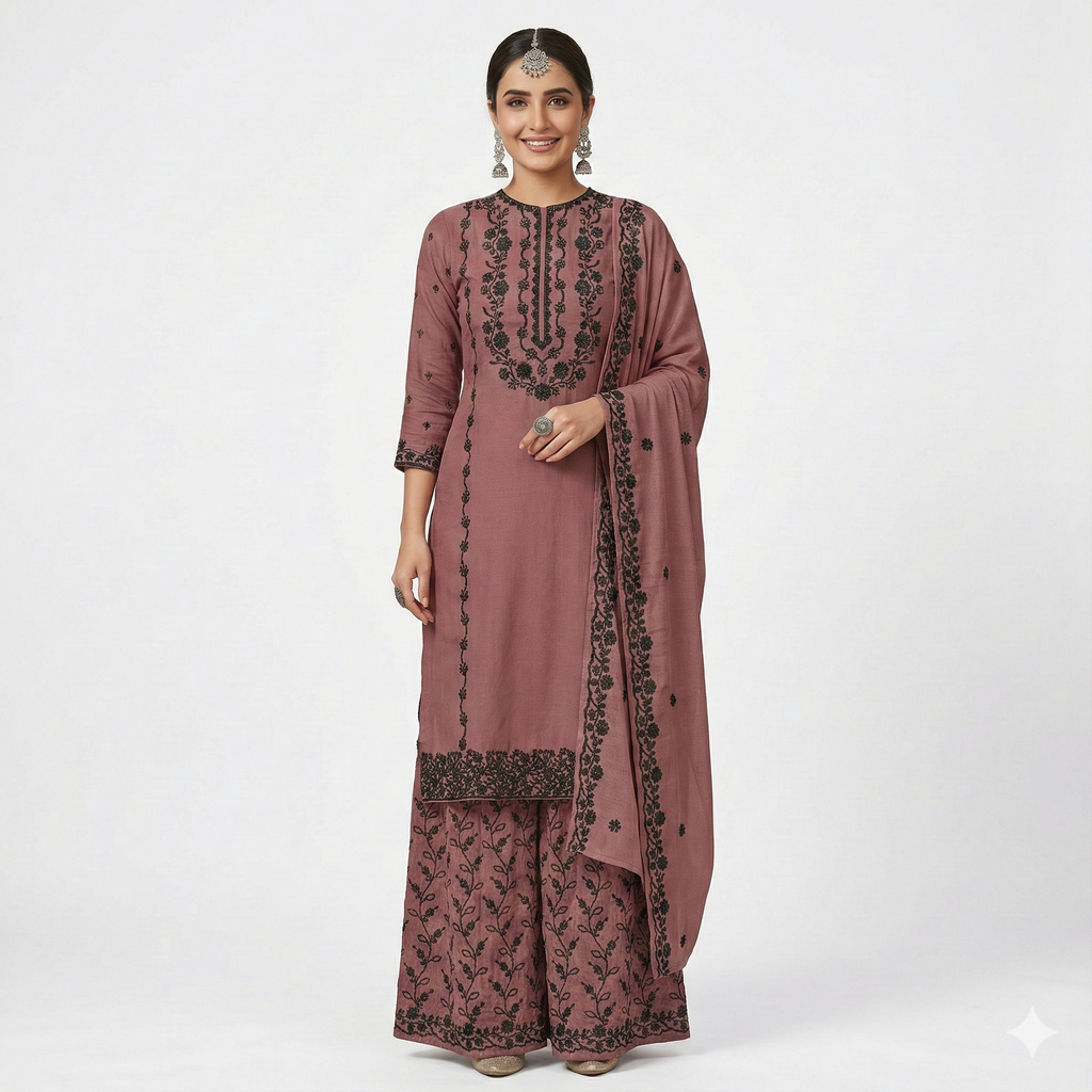 Dusty Pink Embroidered Palazzo Suit Set | 3 Piece Salwar Kameez | Office to Party Wear | Wedding Festive Dress