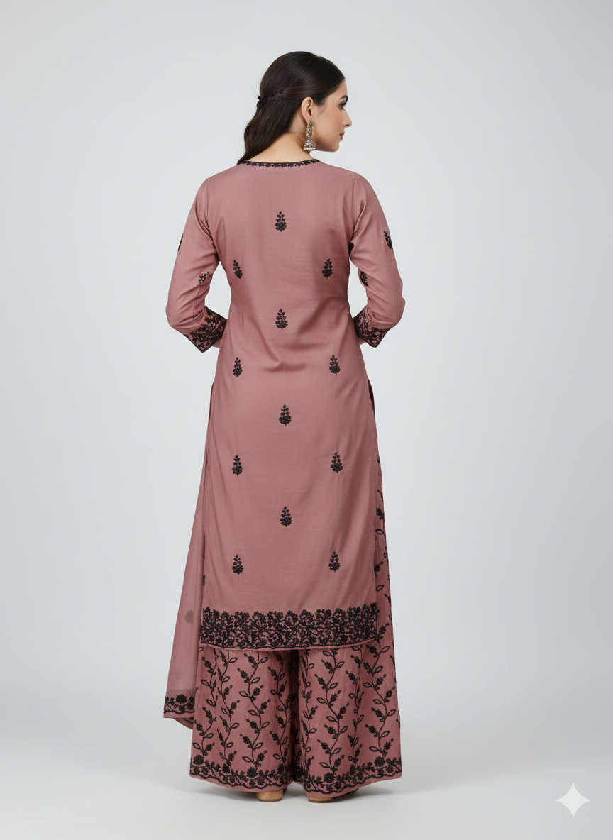 Dusty Pink Embroidered Palazzo Suit Set | 3 Piece Salwar Kameez | Office to Party Wear | Wedding Festive Dress