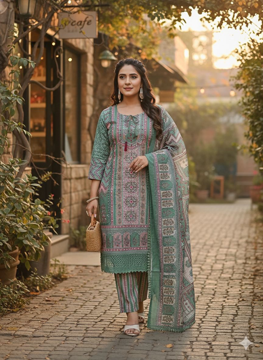 Elegant Pastel Sage & Dusty Rose Printed Lawn Suit with Embellished Neckline & Matching Dupatta
