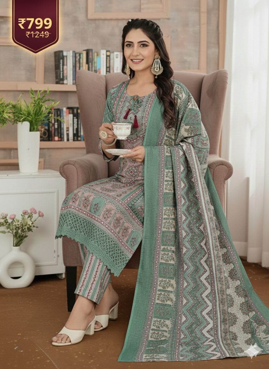 Elegant Pastel Sage & Dusty Rose Printed Lawn Suit with Embellished Neckline & Matching Dupatta