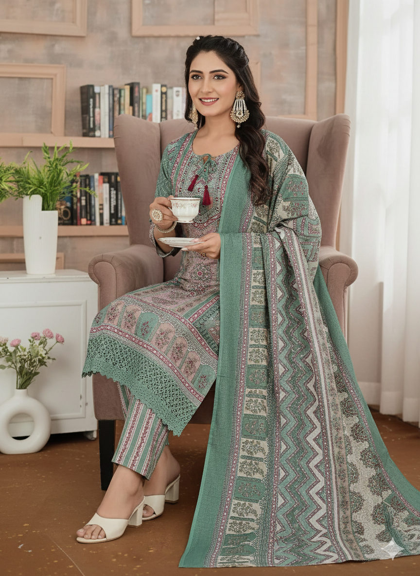 Elegant Pastel Sage & Dusty Rose Printed Lawn Suit with Embellished Neckline & Matching Dupatta