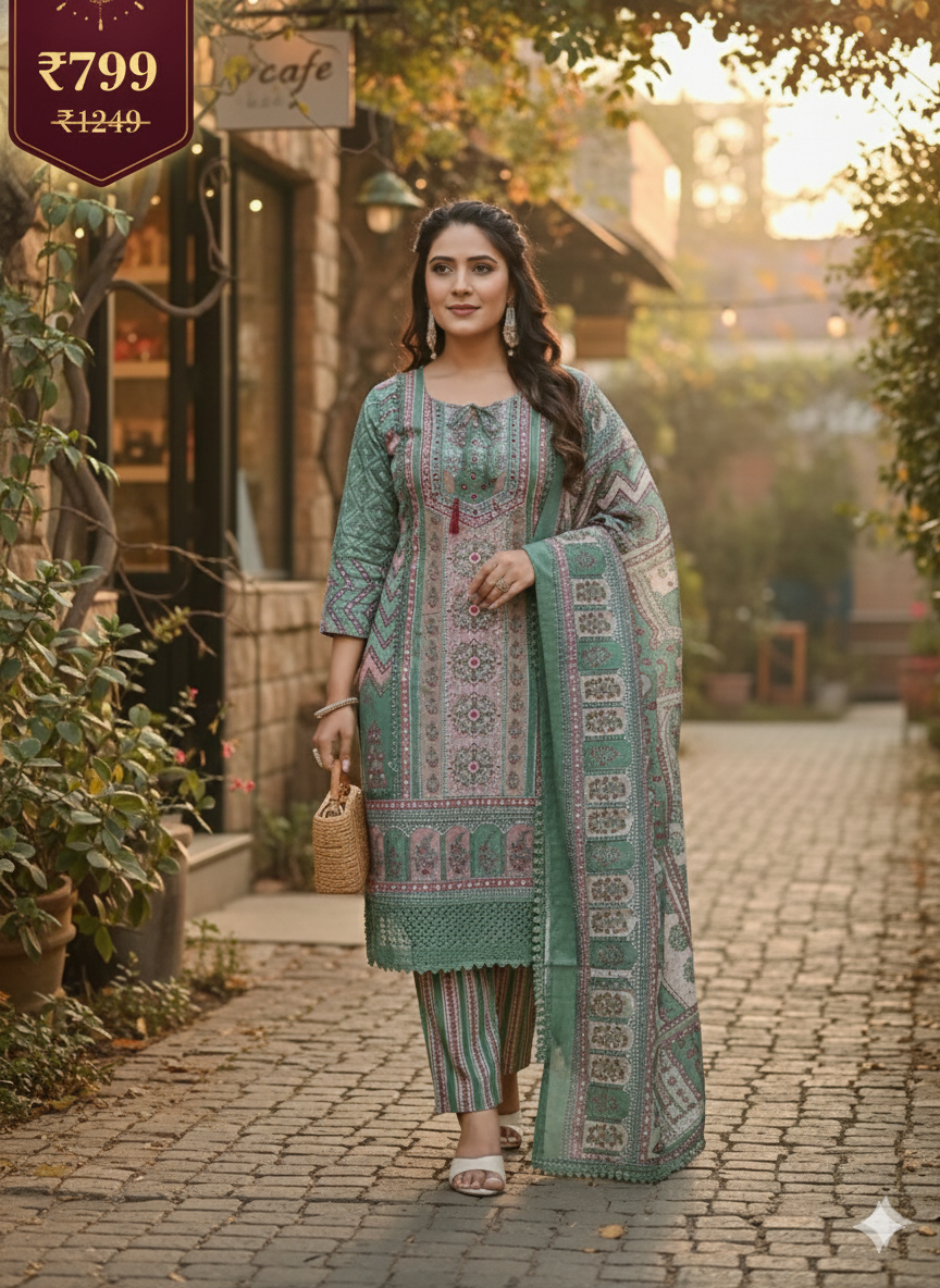 Elegant Pastel Sage & Dusty Rose Printed Lawn Suit with Embellished Neckline & Matching Dupatta