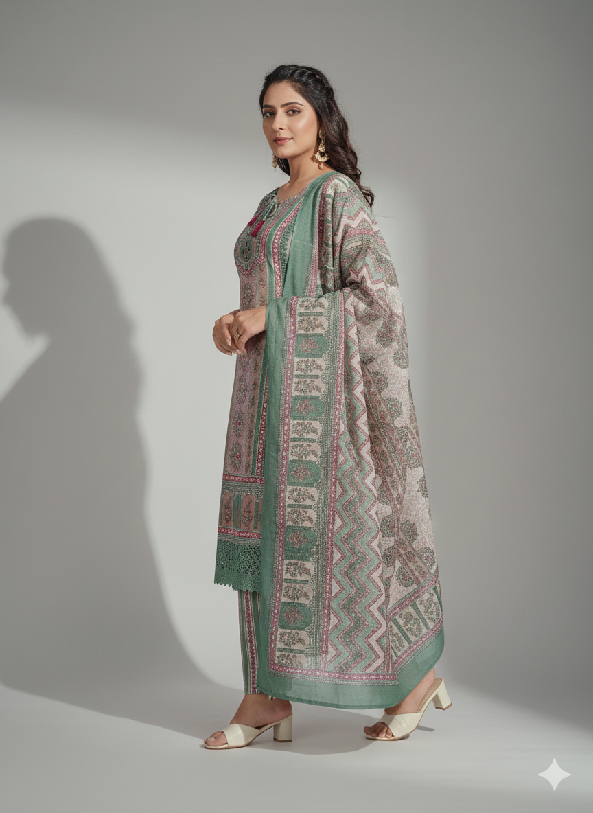Elegant Pastel Sage & Dusty Rose Printed Lawn Suit with Embellished Neckline & Matching Dupatta