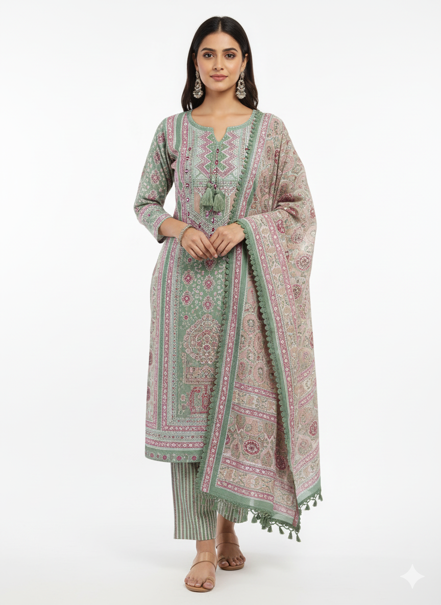 Elegant Pastel Sage & Dusty Rose Printed Lawn Suit with Embellished Neckline & Matching Dupatta