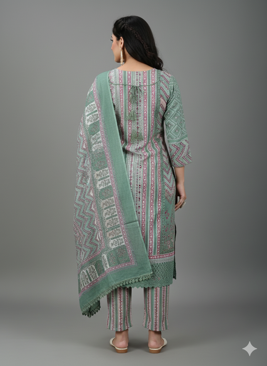 Elegant Pastel Sage & Dusty Rose Printed Lawn Suit with Embellished Neckline & Matching Dupatta