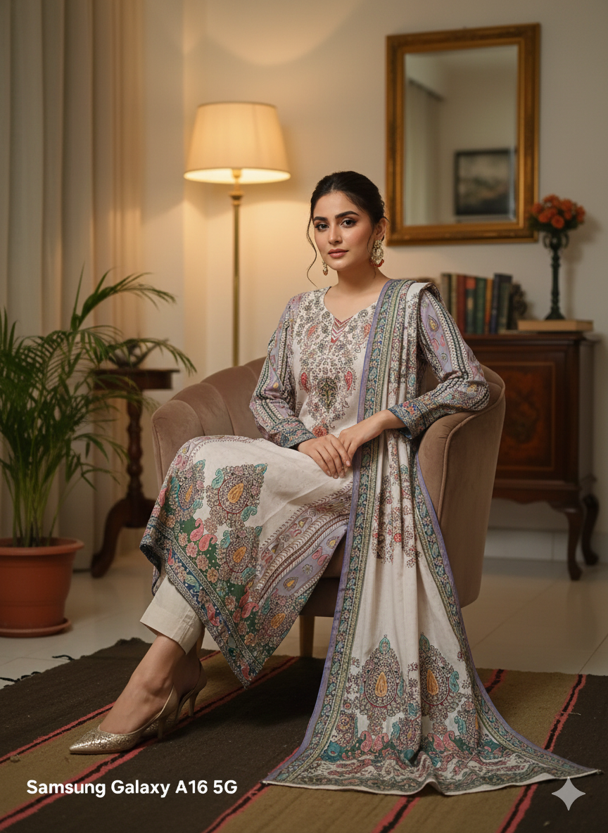 Elegant Beige Printed 3-Piece Suit for Women – Premium Shirt, Trouser & Dupatta | Summer Festive Collection