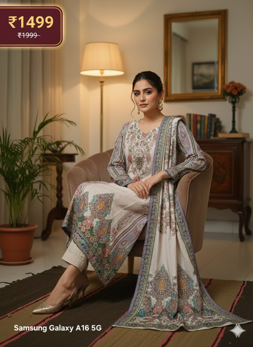 Elegant Beige Printed 3-Piece Suit for Women – Premium Shirt, Trouser & Dupatta | Summer Festive Collection