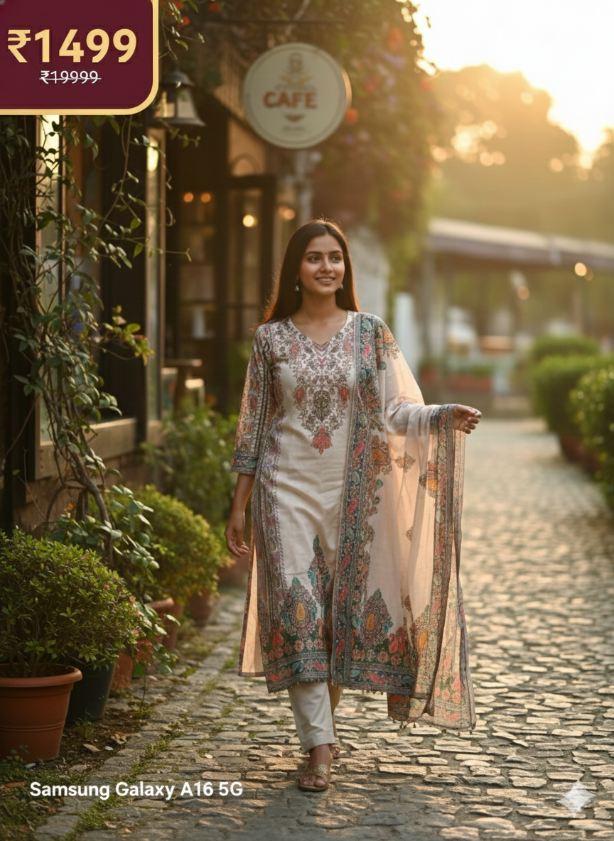 Elegant Beige Printed 3-Piece Suit for Women – Premium Shirt, Trouser & Dupatta | Summer Festive Collection