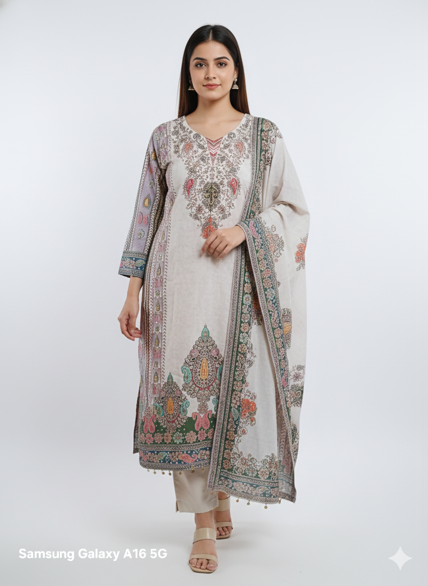 Elegant Beige Printed 3-Piece Suit for Women – Premium Shirt, Trouser & Dupatta | Summer Festive Collection