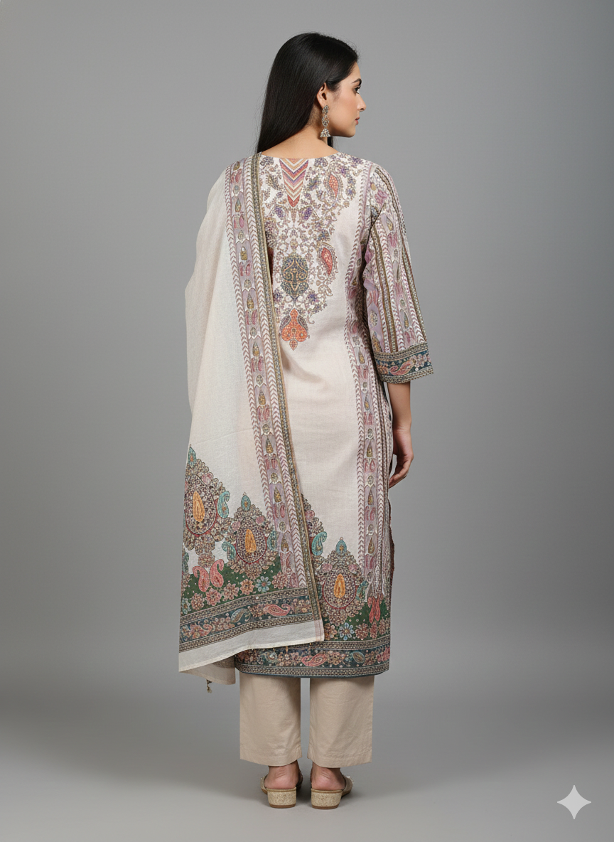 Elegant Beige Printed 3-Piece Suit for Women – Premium Shirt, Trouser & Dupatta | Summer Festive Collection