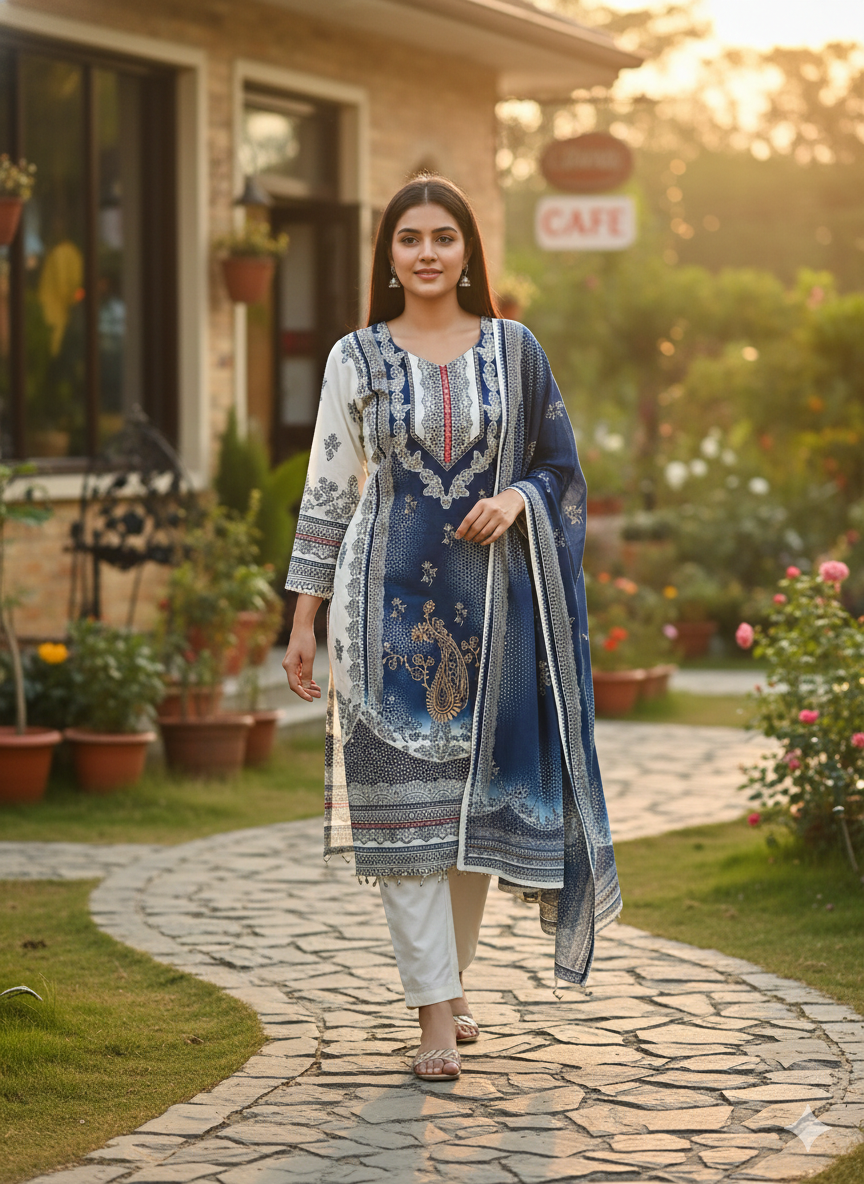Elegant Blue Embroidered 3 Piece Lawn Suit | Women's Designer Salwar Kameez with Dupatta