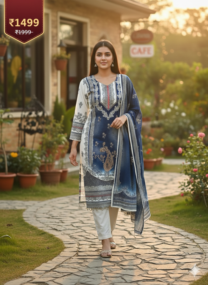 Elegant Blue Embroidered 3 Piece Lawn Suit | Women's Designer Salwar Kameez with Dupatta
