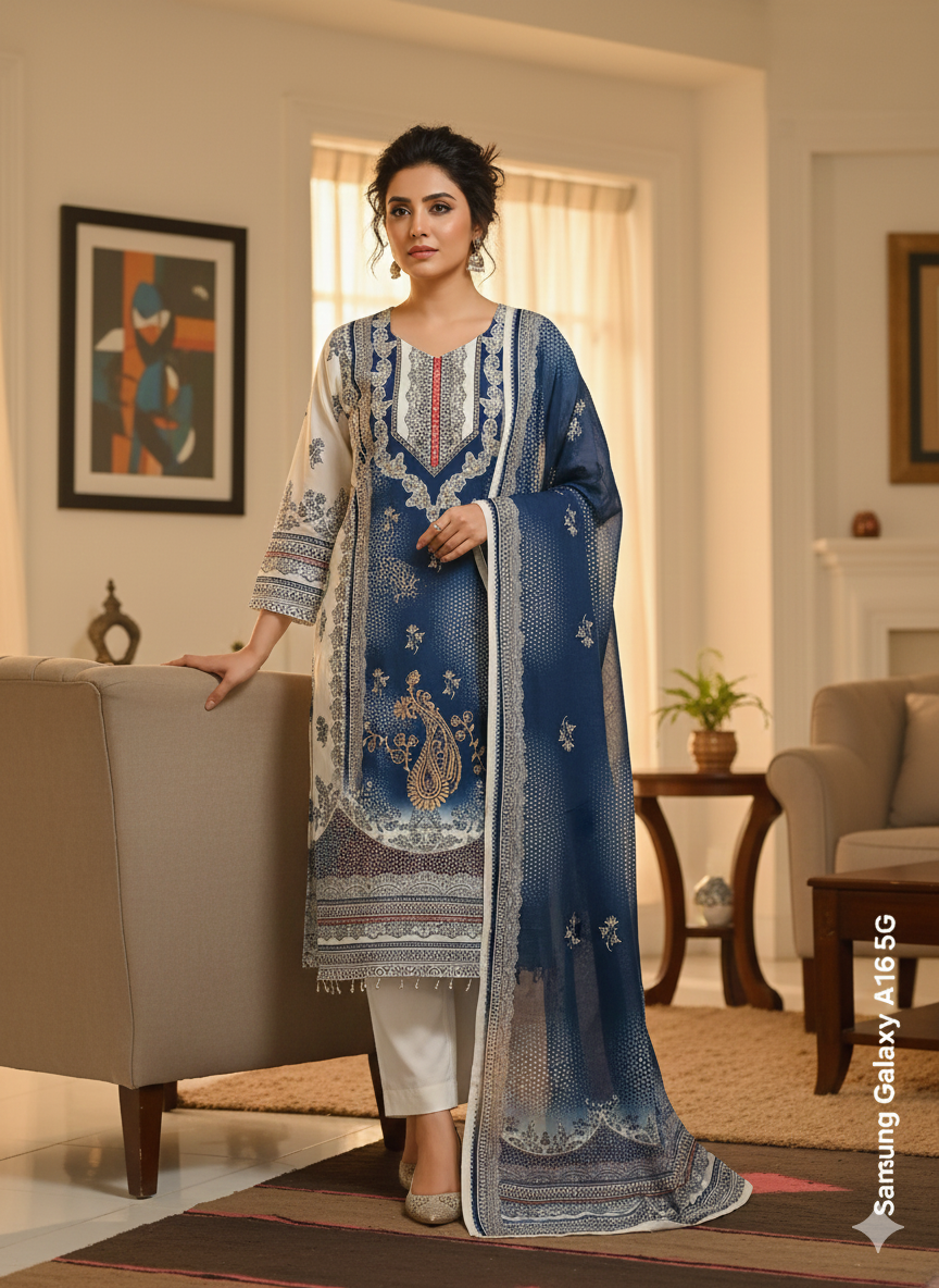 Elegant Blue Embroidered 3 Piece Lawn Suit | Women's Designer Salwar Kameez with Dupatta