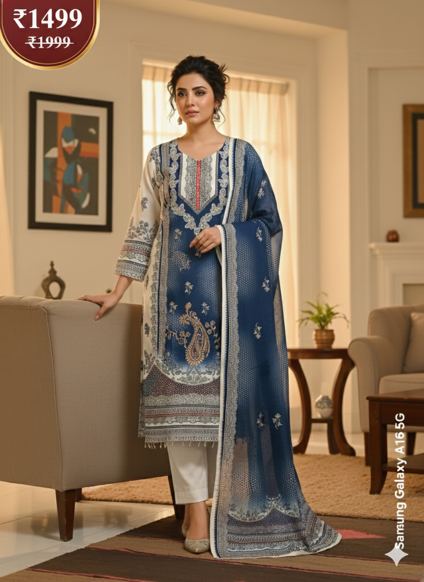 Elegant Blue Embroidered 3 Piece Lawn Suit | Women's Designer Salwar Kameez with Dupatta