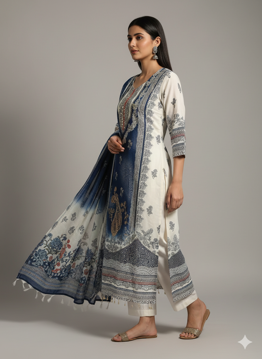 Elegant Blue Embroidered 3 Piece Lawn Suit | Women's Designer Salwar Kameez with Dupatta