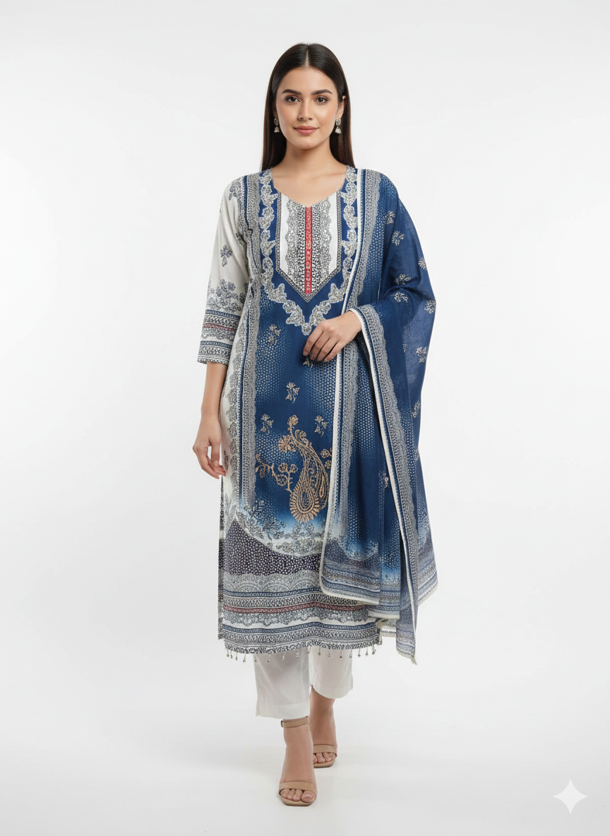 Elegant Blue Embroidered 3 Piece Lawn Suit | Women's Designer Salwar Kameez with Dupatta