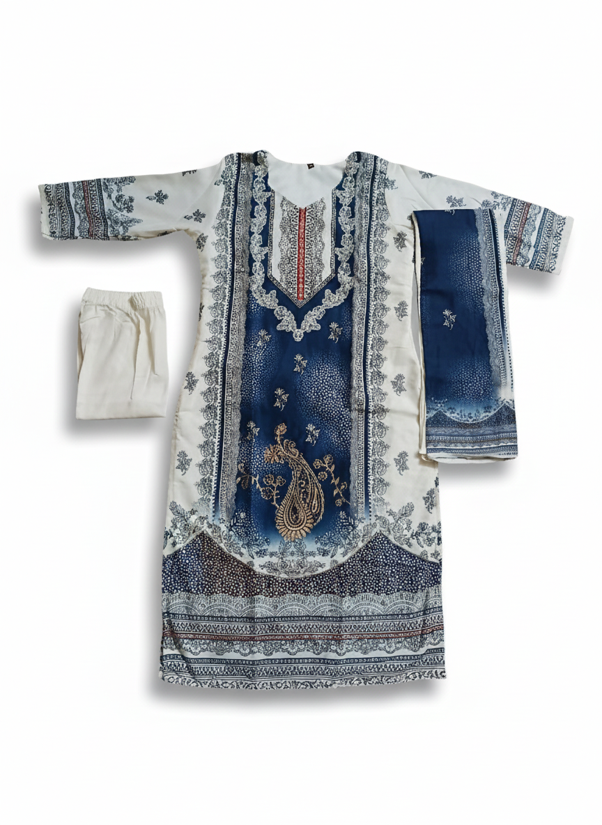 Elegant Blue Embroidered 3 Piece Lawn Suit | Women's Designer Salwar Kameez with Dupatta