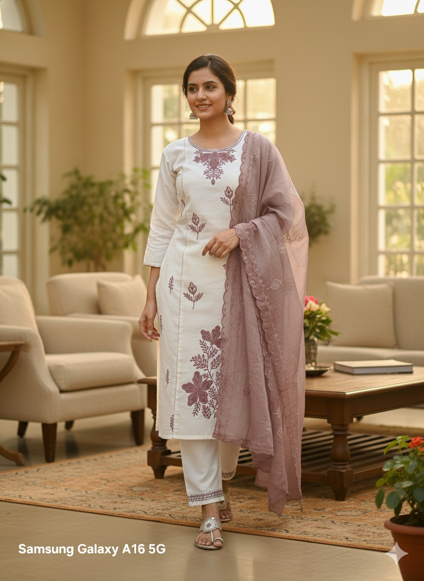 Elegant Cream & Mauve Embroidered Stitched 3-Piece Suit with Organza Dupatta