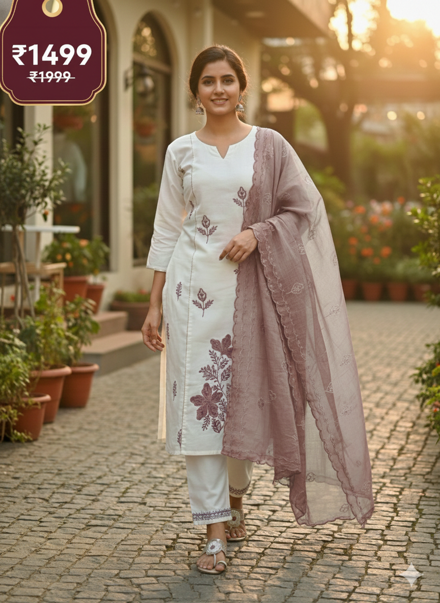 Elegant Cream & Mauve Embroidered Stitched 3-Piece Suit with Organza Dupatta