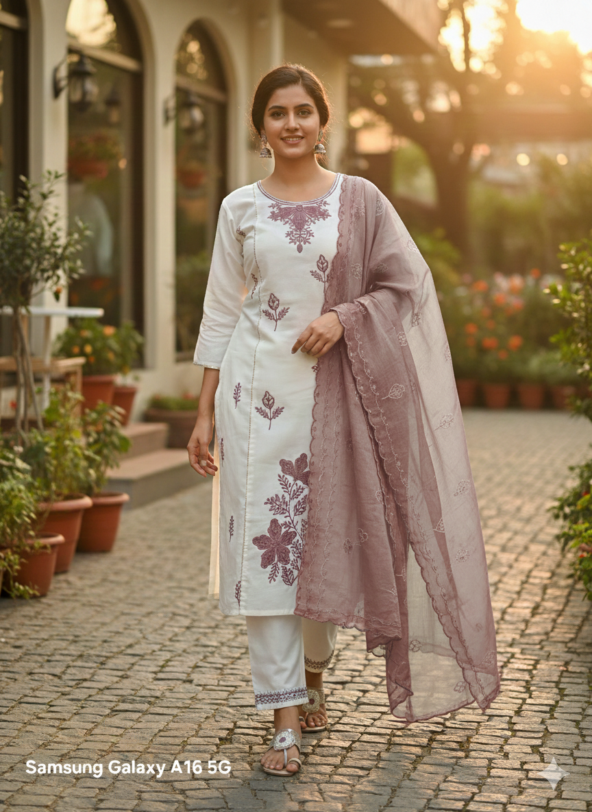 Elegant Cream & Mauve Embroidered Stitched 3-Piece Suit with Organza Dupatta