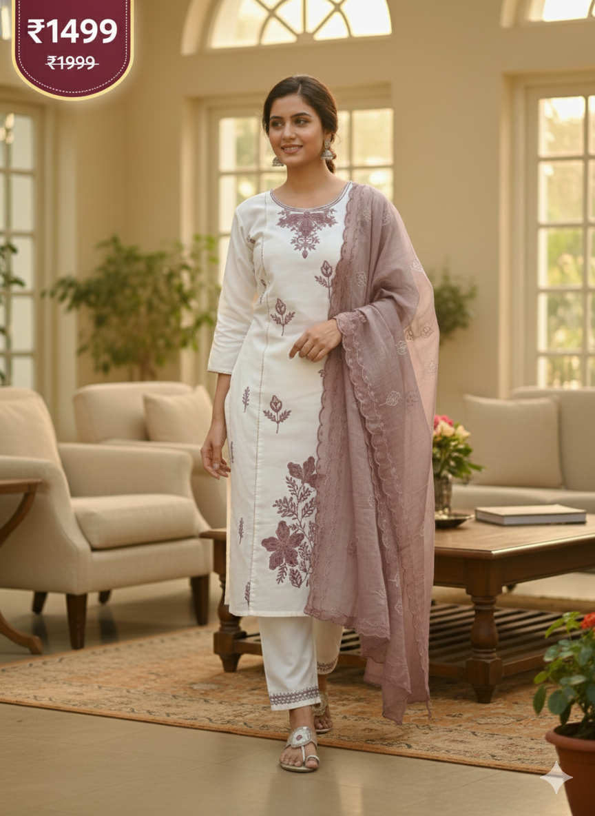 Elegant Cream & Mauve Embroidered Stitched 3-Piece Suit with Organza Dupatta