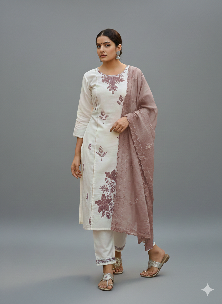 Elegant Cream & Mauve Embroidered Stitched 3-Piece Suit with Organza Dupatta