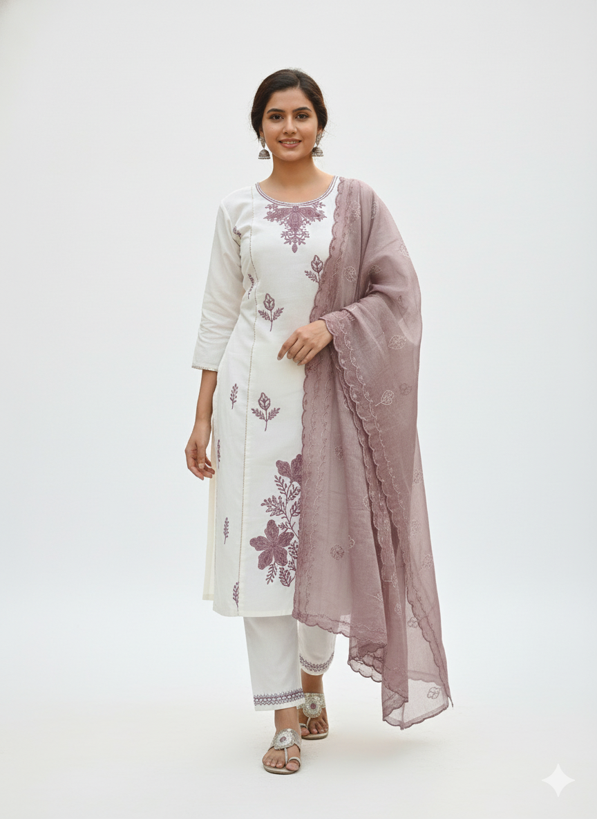 Elegant Cream & Mauve Embroidered Stitched 3-Piece Suit with Organza Dupatta